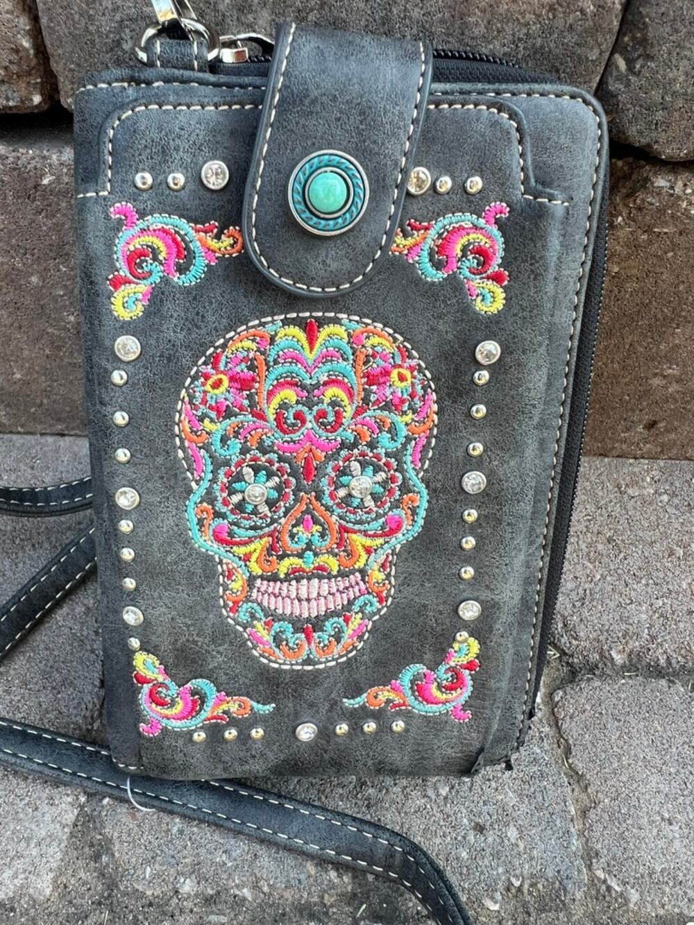 Montana West Sugar skull embroidered crossbody phone bag